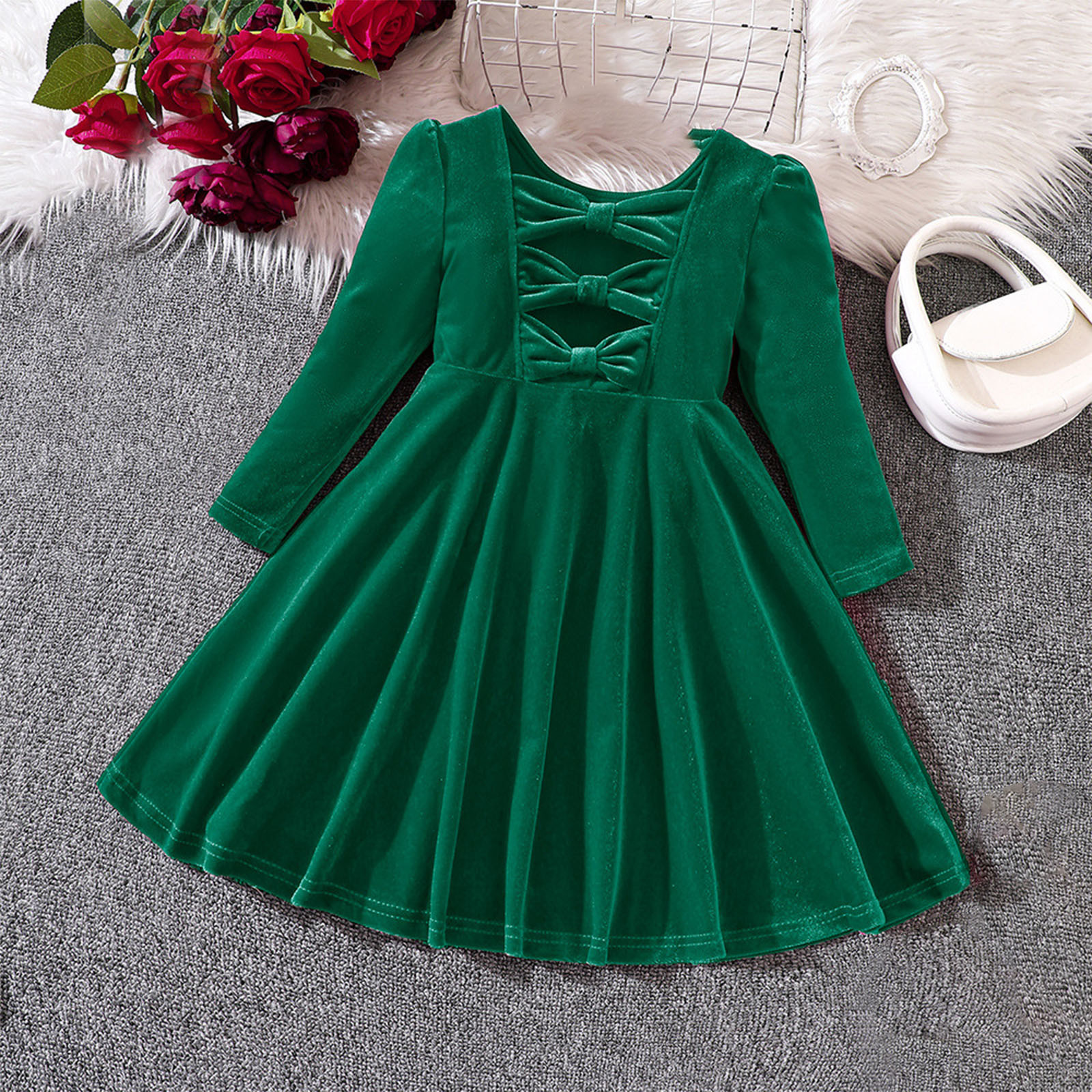 Daqian Christmas Costumes Velvet Bow Christmas Princess Dresses Dresses Bow Dresses 3-8 Years Old Big Girls Dresses Clearance Girls Dresses Size 7 Green 7 Years